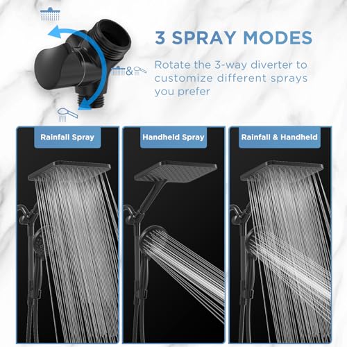 Dual Handheld Shower Head Combo, 2-in-1 Rain Shower Heads System Wide Rainfall Shower Head and 10 Modes High Pressure Hand Held Showerhead with Built-in Power Wash - color: Matte Black, size: 10 Inch Standard