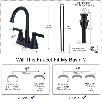 Matte Black Bathroom Faucet 3 Hole, VAPSINT 4 Inch Black Bathroom Sink Faucet, 2 Handle Stainless Steel Centerset Faucet for Vanity Lavatory RV with Pop-up Drain and Supply Hoses - color: Matte Black