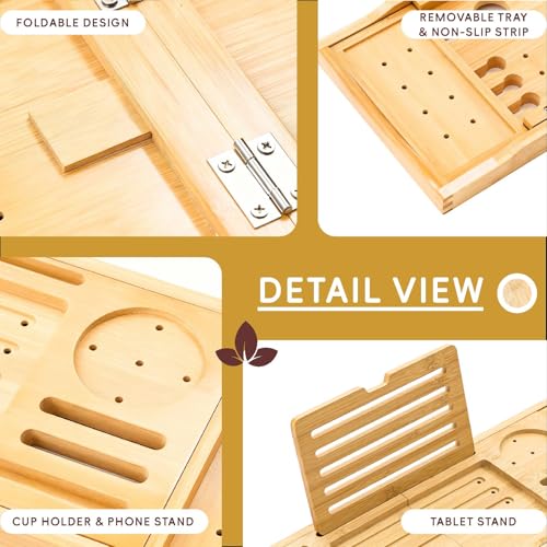 Bamboo Bathtub Tray, Expandable Foldable Bath Caddy, Natural | 29-42“ Bath Shelf Over Tub with Phone, Tablet & Wine Holders, Locking Design for Spa Bathroom Accessories & Gifts - color: A-natural