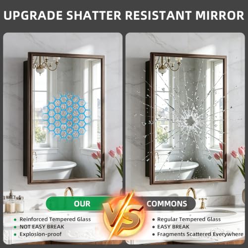 16 x 26 Recessed Medicine Cabinet Mirror with Storage,Brown Aluminum Medicine Cabinet Frame Mirror,Tempered Glass,Mount Recessed Mount Bathroom Vanity Modern Farmhouse