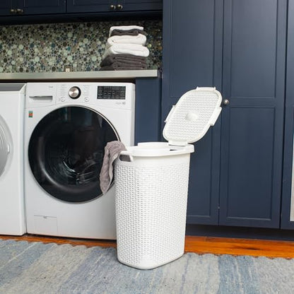 Mind Reader Slim Laundry Hamper with Lid, 60L Tall Clothes Basket, Narrow Tapered Design for Bathrooms, Closets and Laundry Rooms, Plastic, White - color: White, size: 1 Piece