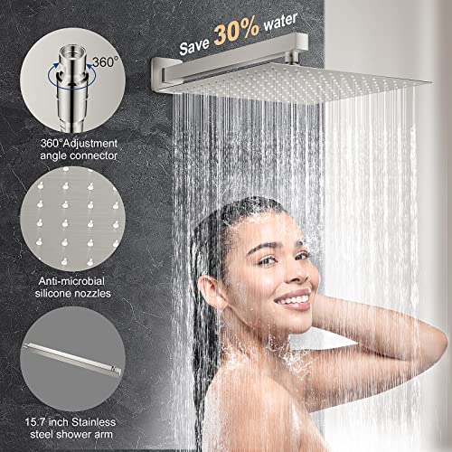 JOMEOO® 12 Inch Brushed Nickel Shower System, Wall Mounted High Pressure Rain Shower Head with Handheld Sprayer, Bathroom Luxury Rainfull Shower Head Shower Faucet Set Rough in Valve Body and Trim - color: Brushed Nickel