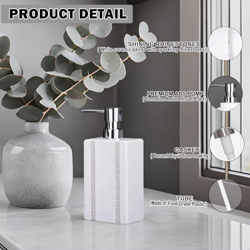 18 OZ Hand Liquid&Lotion Soap Dispenser Ceramic White Lotion Pump Bottle for Kitchen Bathroom Countertop Laundry Room Holds Dish Soap Shampoo Laundry Liquid Shower Gel(Inlaid Rhinestone) - color: White3