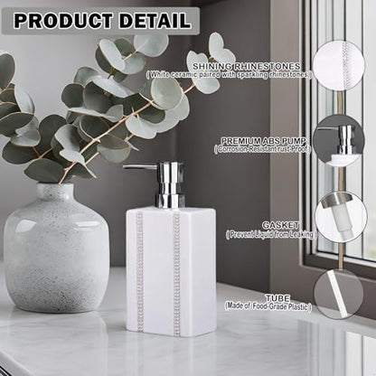 18 OZ Hand Liquid&Lotion Soap Dispenser Ceramic White Lotion Pump Bottle for Kitchen Bathroom Countertop Laundry Room Holds Dish Soap Shampoo Laundry Liquid Shower Gel(Inlaid Rhinestone) - color: White3