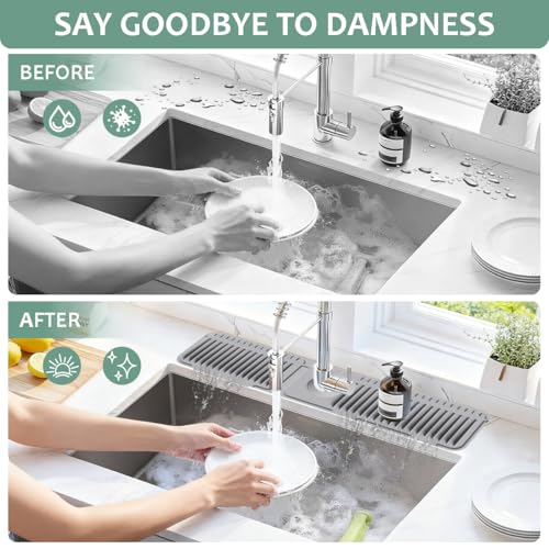 24 Inch Upgraded Draining Mat Folding Faucet Mat for kitchen sink Faucet Draining Mat with Button Lock Silicone Splash Guard faucet Pad for Kitchen Bathroom Bar(Grey) - color: Gray