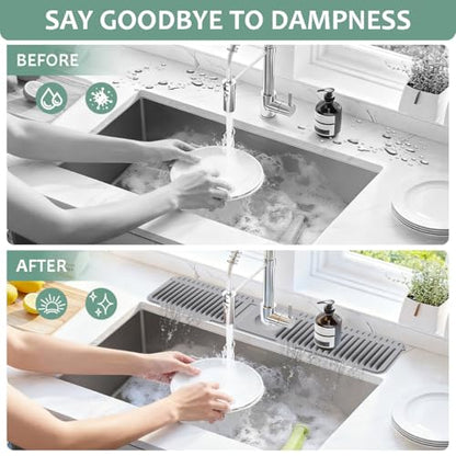 24 Inch Upgraded Draining Mat Folding Faucet Mat for kitchen sink Faucet Draining Mat with Button Lock Silicone Splash Guard faucet Pad for Kitchen Bathroom Bar(Grey) - color: Gray