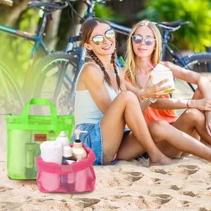 Hommtina 2 Pcs Shower Mesh Caddy Bag Quick Dry Hanging Toiletry and Bath Organizer for Travel and Swimming with Zipper (Roes-Green) - color: Roes-Green