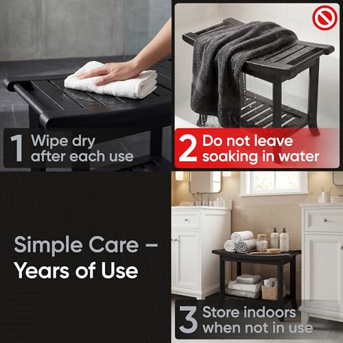 Teak shower bench with Storage Shelf, Shower Stool for Inside Shower, Waterproof Shower Bench Seat, Shower Chair for Inside Shower, Wood Bench, Bathroom Bench (Natural Wood) (Black Wood) - color: Black Wood
