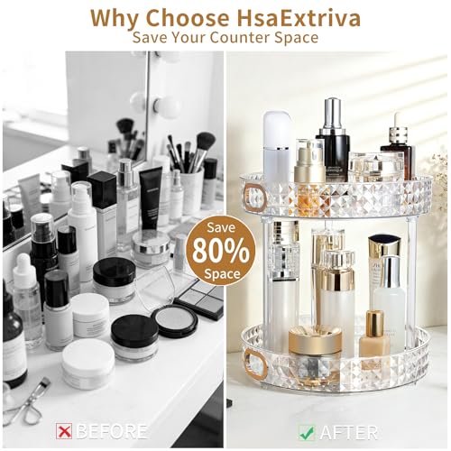 360 Rotating Perfume Organizer, 2 Tier, Diamond Pattern, Clear | 10.6" Large Rotating Makeup Organizer for Vanity, Bathroom Countertop Organizer, Lazy Susan, Skincare Lotion Perfume Storage - size: 2 Tier