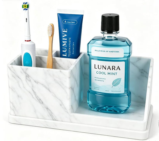 Bathroom Toothbrush Holders, 4 Slots Silicone Counter Organizer Storage with Marble White, Detachable Anti-Slip Vanity Organizer for Electric Toothbrush, Toothpaste & Phone - color: Marble White