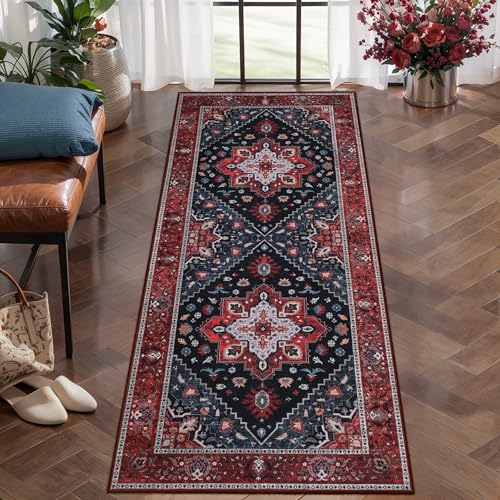 Ciicool Entryway 2x5 Runner Rug, Small Throw Runners for Kitchen Bedroom Bathroom Laundry Room, Vintage Home Decor & Non-Slip Low-Pile Washable Stain Resistant Indoor Carpet - color: Dark Blue/Red, size: 2' X 5' (Runner)