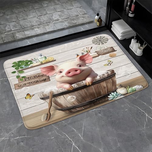 Funny Pig Bathroom Rugs Farmhouse Animal in Bathtub Farm Rustic Bathing Bubbles Cute Country Wooden Positive Word Bath Mat Bedroom Kitchen Toilet Floor Doormat 16x24 - size: 16x24