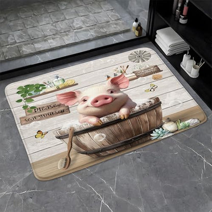 Funny Pig Bathroom Rugs Farmhouse Animal in Bathtub Farm Rustic Bathing Bubbles Cute Country Wooden Positive Word Bath Mat Bedroom Kitchen Toilet Floor Doormat 24x35 - size: 24x35