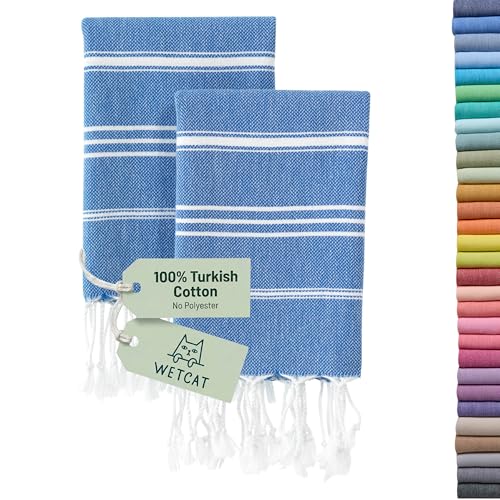 WETCAT Turkish Hand Towels with Hanging Loop, Set of 2 (20" x 30") 100% Turkish Cotton, Pre-Washed, Quick Drying, for Kitchen or Bathroom - Blue - color: Blue