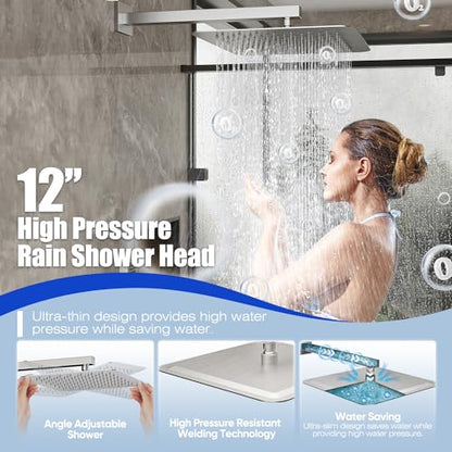 Gabrylly Rain Shower Head with Handheld Spray Combo, 12", Brushed Nickel | All Metal Shower System, High Pressure Rainfall Shower Faucet Set, Solid Brass Shower Valve Complete Shower Set for Bathroom - color: Brushed Nickel, size: 12 Inch