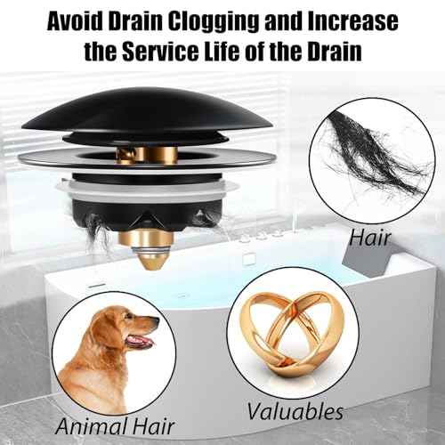 Anlige Bathtub Drain Stopper, Pop Up Tub Stopper and Cover, Bottom with Hair Catcher, Universal for 1.45 to 1.8in Drain, Replaces Old Drain Plug, Matte Black - color: Matte Black