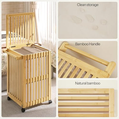 HOOBRO Laundry Hamper with Lid and Wheels, 120 L (31Gal) Double Laundry Basket, Bamboo Clothes Hamper with Handles and Removable Liner, for Laundry Room, Bathroom, Bedroom, Natural YL60XY01