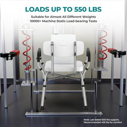 Shower Chair for Inside Shower with Arms & Back, 550 lbs, 6 Heights | Dual Crossbar Frame, Non-Slip Feet, 22-Inch EVA-Cushioned Seat, Showerhead Holder, Rust-Resistant Aluminum, Tool-Free Setup - color: White
