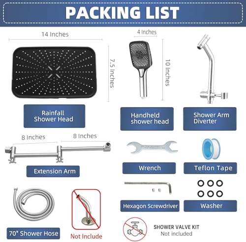 14" High Pressure Rain/Rainfall Shower Heads With Handheld Spray Combo (3+1 Settings & Built-in Power Wash Mode), Double/Dual Shower Head With Handheld - Height/Angle Adjustable(Polished Chrome) - color: Polished Chrome, size: 14 Inch