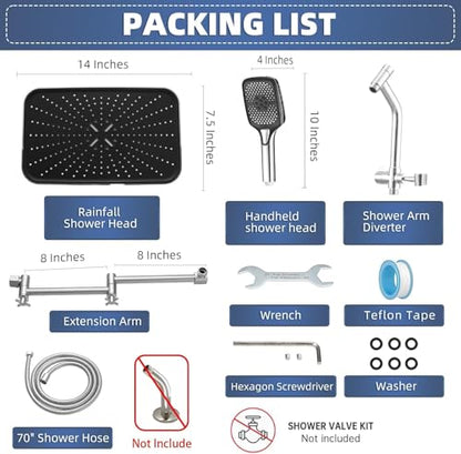 14" High Pressure Rain/Rainfall Shower Heads With Handheld Spray Combo (3+1 Settings & Built-in Power Wash Mode), Double/Dual Shower Head With Handheld - Height/Angle Adjustable(Polished Chrome) - color: Polished Chrome, size: 14 Inch