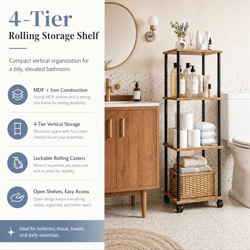 4-Tier 38.2" Tall Rustic Brown Bathroom Shelving Unit with Wheels | Wood Finish, Metal Frame, Rolling Narrow Open Shelf Design, for Laundry Room, Kitchen, Living Spaces, Easy to Move - color: Rustic Brown, size: 4-Tier