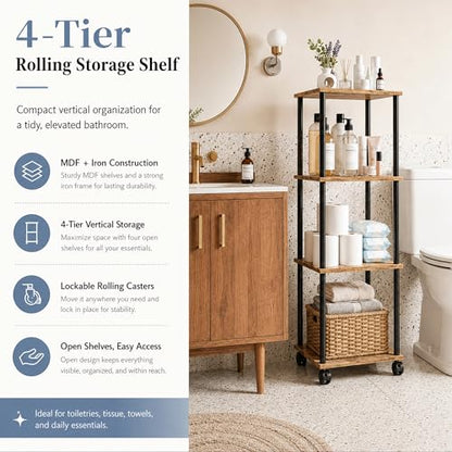4-Tier 38.2" Tall Rustic Brown Bathroom Shelving Unit with Wheels | Wood Finish, Metal Frame, Rolling Narrow Open Shelf Design, for Laundry Room, Kitchen, Living Spaces, Easy to Move - color: Rustic Brown, size: 4-Tier