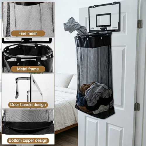 Over the Door Basketball Hamper, 2-in-1 Hanging Dirty Clothes Organizer with Hoop Design, Kids Room Fun Toss Storage Bag, Large Capacity Removable Zip Laundry Bag