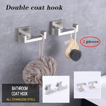 GERZWY Brushed Stainless Steel Coat/Robe Clothes Hook for Bath Kitchen Modern Hotel Style, Bathroom Double Towel Hook Wall Mounted 2 Pack AG1417B-LS - color: Brushed