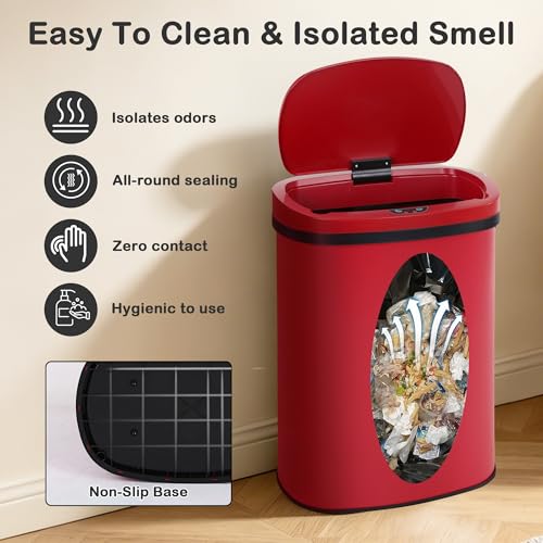 Kitchen Trash Can, 13 Gallon Automatic Can with Lid and Motion Sensor for Home Office Bedroom Bathroom Living Room, Garbage Touchless Stainless Steel RED - color: RED