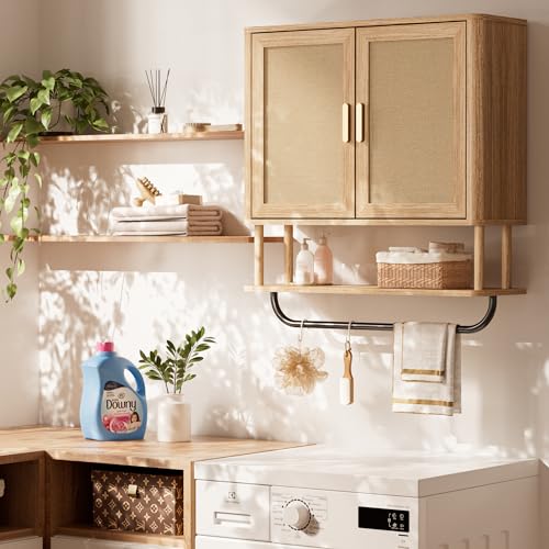 Rattan Bathroom Wall Cabinet with Towel Bar, Wall-Mounted Medicine Cabinet with Adjustable Wood Shelf & Doors, Over the Toilet Storage Cabinet for Laundry Room & Kitchen & Living Room - color: Rubberwood