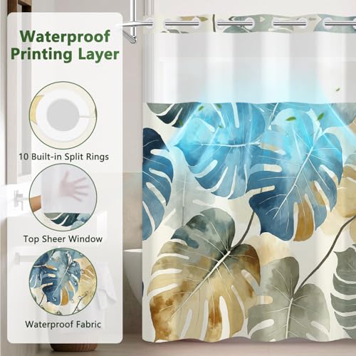 Tropical Leaves Shower Curtain with Detachable Weighted Liner, No Hook Monstera Leaf Tall Shower Curtain with Ventilation Window, Summer Waterproof Fabric Bathroom Shower Curtain Sets, 71x74 Inches - color: Monstera