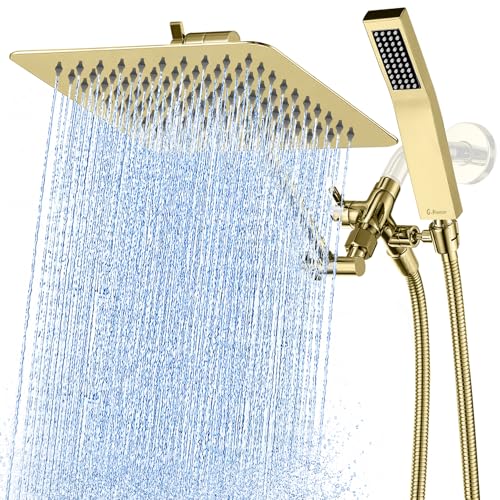 G-Promise All Metal 10" Dual Square Shower Head Combo | Rain Shower Head | Handheld Shower Wand | Adjustable | 3-Way Diverter | 71" Extra Long Hose - A Bathroom Upgrade (Polished Brass) | Built to Last, Easy Install, Adjustable Height & Angle for All Heig