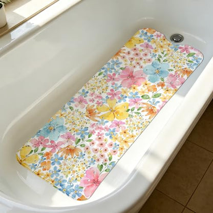Floral Bathtub Mat Non Slip with Drain Holes and Suction Cups Bath Mat 40x16 Inch Tub Mats Shower Mats for Kids - color: Floral