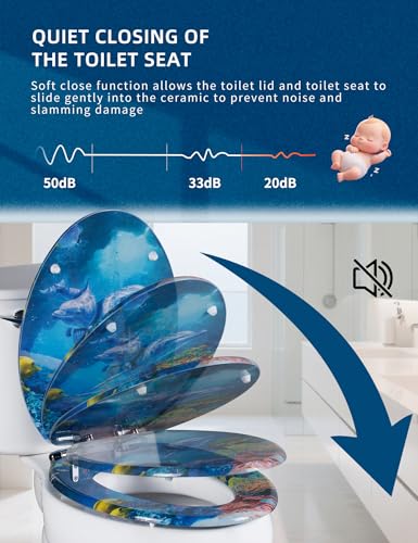 Angol Shiold ELONGATED Soft Close Wood Toilet Seat Blue Ocean Dolphins18.5" | Heavy Duty Quiet and Slow Close Lid and Seat, Quick Release Easy Installation & Clean(Blue Ocean Dolphins) - size: Elongated -18.5"