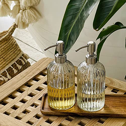 JASAI 2PACK 18 Oz Glass Soap Dispenser with Rust Proof Stainless Steel Pump, Refillable Hand Soap Dispenser with Vertical Stripe, Premium Bathroom soap Dispenser for Kitchen & Bathroom (Pack of 24) - color: Clear-2p, size: 48 Pack