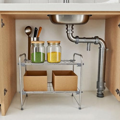 Under Sink Organizers and Storage，2 Tier Expandable Under Cabinet Organizer Shelf for Under Kitchen Bathroom Sink Organizers and Storage