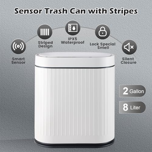 SYNCVIBE Bathroom Sensor Trash Can with Lid, 2 Gallon, White Black | Automatic Garbage Can, 7.5 Liter Smart Trash Bin, Waterproof Plastic Wastebasket for Office and Bedroom - color: White black