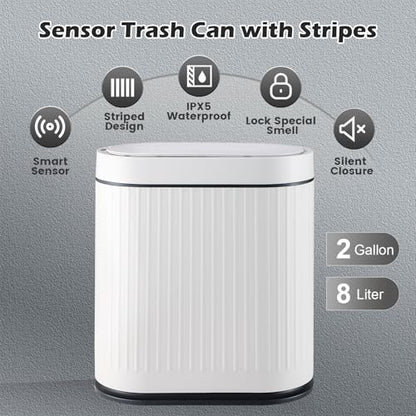 SYNCVIBE Bathroom Sensor Trash Can with Lid, 2 Gallon, White Black | Automatic Garbage Can, 7.5 Liter Smart Trash Bin, Waterproof Plastic Wastebasket for Office and Bedroom - color: White black