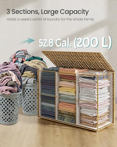 SONGMICS Laundry Hamper with Lid, 52.8 Gallon (200 L) Synthetic Rattan Clothes Laundry Basket with Lid and Handles, Foldable, Removable Liner, Goose Yellow ULCB320Y01 - color: Goose Yellow, size: 200 L