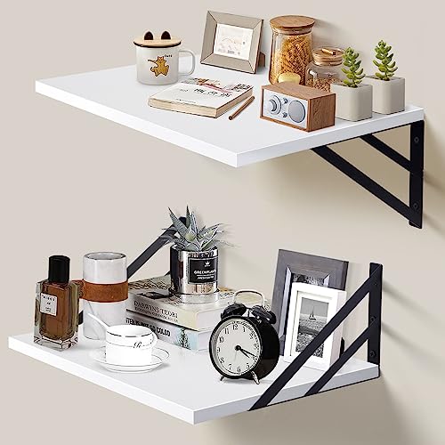 Tectocker-DOU 2 Pc Deep Floating Wall Shelves, Heavy Duty, 16x12, White | Easy Install, All Hardware Included. Holds 40 Lbs. Easy-Clean. For Living Room, Kitchen, Bathroom, Bedroom, Office. - color: White, size: 16W×12D