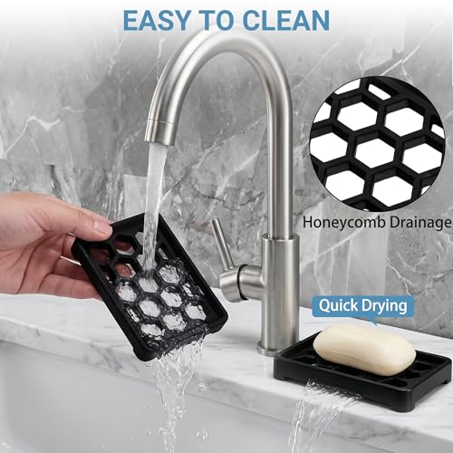 Honeycomb Silicone Soap Dish, Self Draining Soap Holder with Raised Grid Design, Non Slip Soap Saver Tray, Quick Dry Soap Dish for Bathroom Kitchen Sink Shower, Black & Black - color: Black