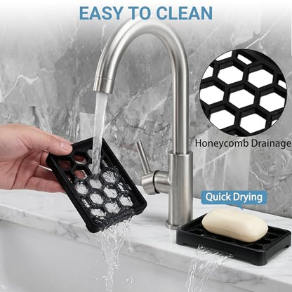 Honeycomb Silicone Soap Dish, Self Draining Soap Holder with Raised Grid Design, Non Slip Soap Saver Tray, Quick Dry Soap Dish for Bathroom Kitchen Sink Shower, Black & Black - color: Black