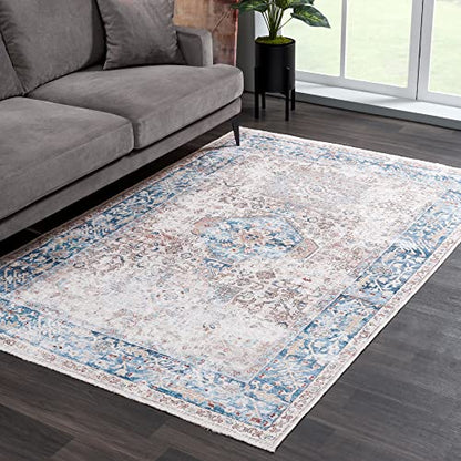 Bloom Rugs Caria Washable Non-Slip 8x10 Rug - Beige/Ocean Blue Traditional Area Rug for Living Room, Bedroom, Dining Room, and Kitchen - Exact Size: 7'8" x 10' - color: Beige / Ocean Blue, size: 8' x 10' (Rectangular)