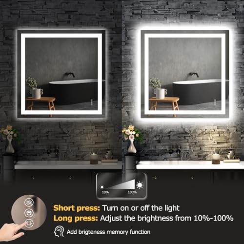 Hivone 36"X36" LED Bathroom Mirror with Lights, Anti-Fog, Dimmable, Backlit + Front Lit, Smart Bathroom Vanity Mirror, Memory Function, Shatterproof, Tempered Glass (Horizontal/Vertical) - size: 36"L x 36"W