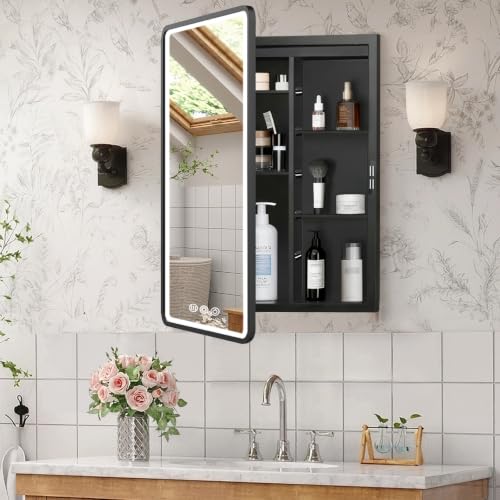 LED Medicine Cabinet with Mirror 16x24 inch, Lighted Cabinet Mirror for Bathroom Storage, Anti-Fog, 3 Colors Dimmable, Black Metal Frame with Adjustable Shelves, Wall Mount or Recessed - color: Black - Rc, size: 16X24