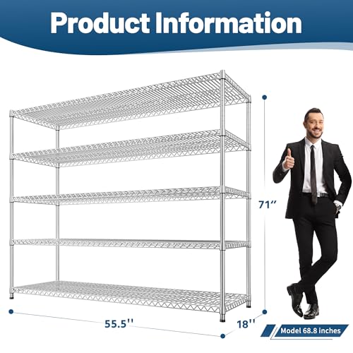 REIBII 55.5" W Storage Shelves 3200LBS Metal Shelving 5 Tier Wire Shelving Garage Shelving Heavy Duty Metal Shelves for Shelving Unit Commercial Adjustable Shelf, 55.5" W X 18''D X 71" H，Chrome - color: Chrome