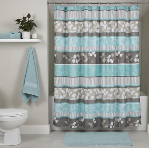 Serafina Home Hotel Quality Fabric Bathroom Shower Curtain: Striped Floral - Teal, Blue, Brown, Beige and White (72 x 70 inches) - color: Striped