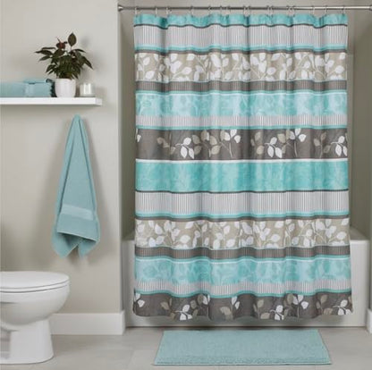 Serafina Home Hotel Quality Fabric Bathroom Shower Curtain: Striped Floral - Teal, Blue, Brown, Beige and White (72 x 70 inches) - color: Striped