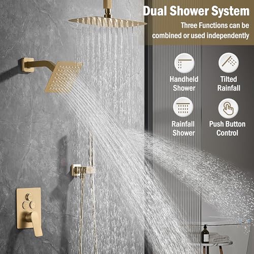 12 Inch Rain Shower System, Brushed Gold Shower Faucet Set with Push Button Diverter, 6 Inch Wall Mounted 3-Functions Bathroom Shower Systems with Dual-Function Handheld - style: UFO