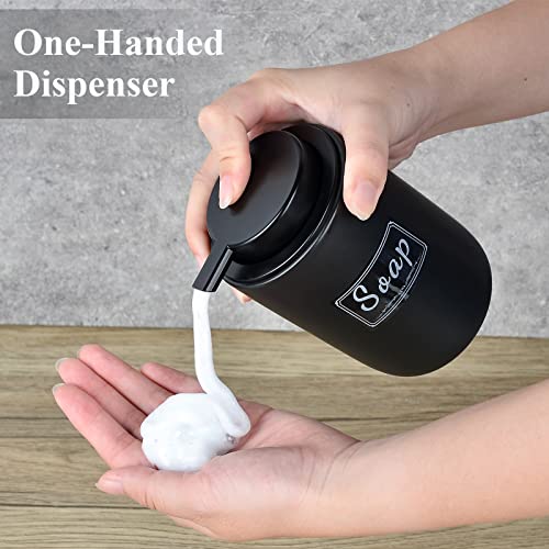 BosilunLife Foaming Soap Dispenser Set - Black Ceramic Foam Hand Dispenser | 12oz Soap Dispenser Set with Rust Proof Pump, 4Pcs Clear Stickers for Kitchen, Bathroom - 2 Pack - color: Black-foam Pump